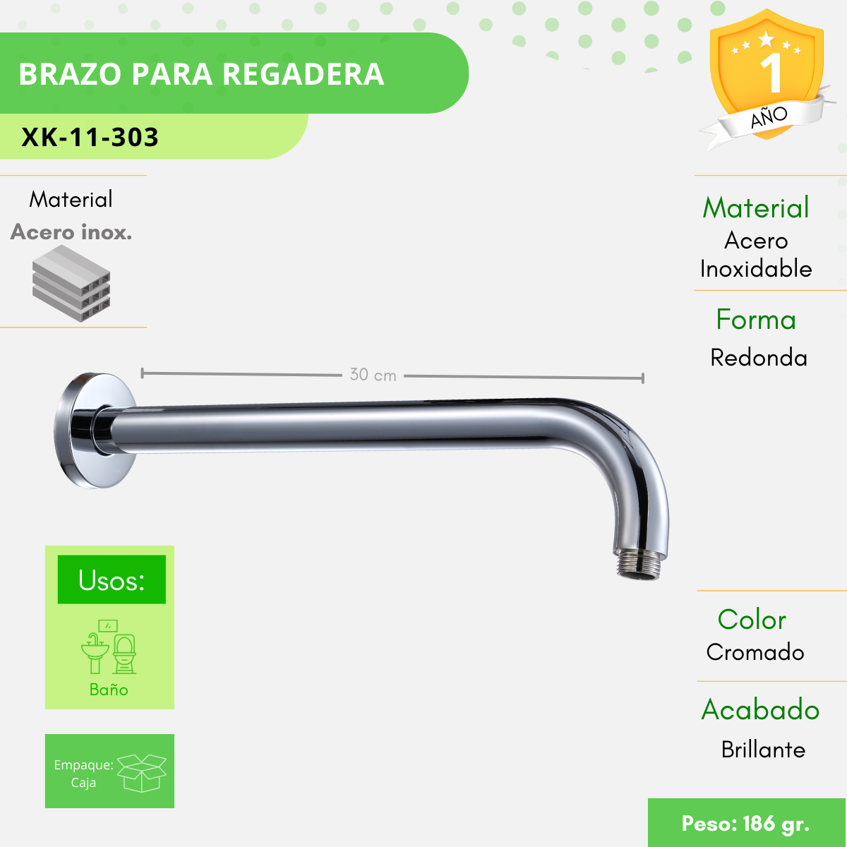 Brazo Para Regadera Alfa Chapeton Acero Inoxidable Espejo