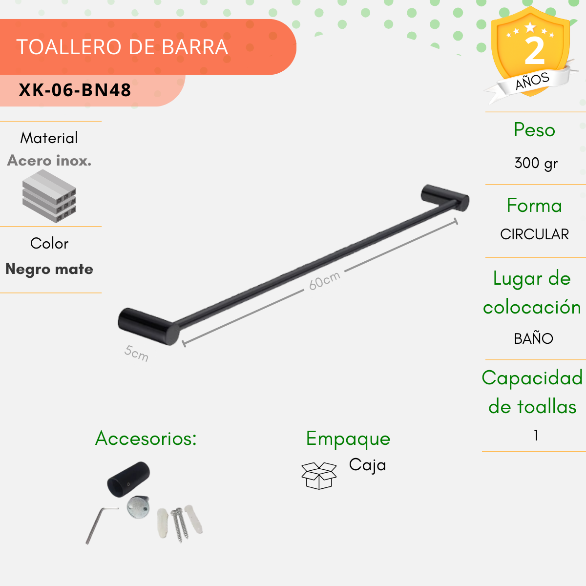 Toallero De Barra Baño Rubinett Negro Mate Acero Inoxidable