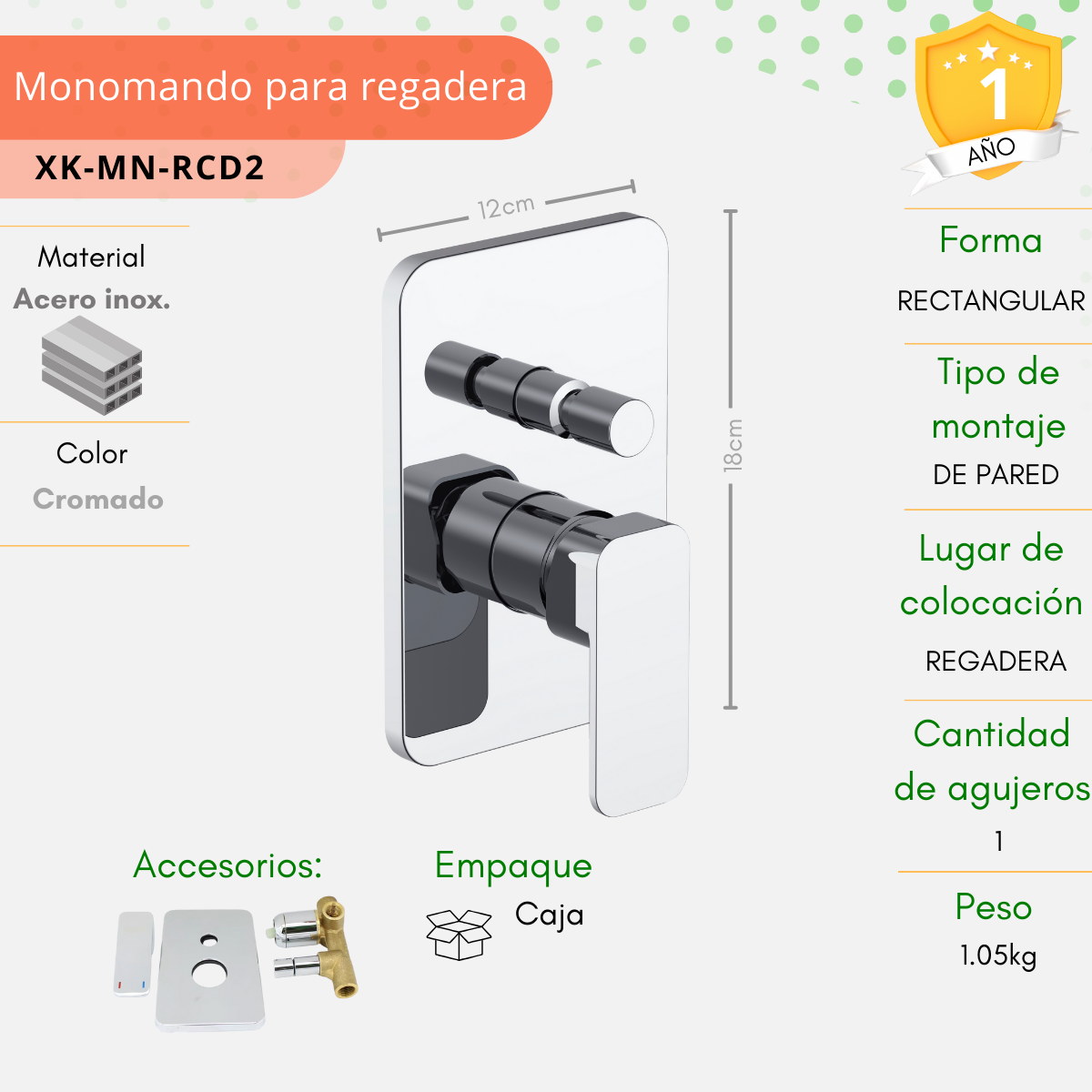 Monomando C/desviador Para Regadera Y Tina Cromo Rectangular