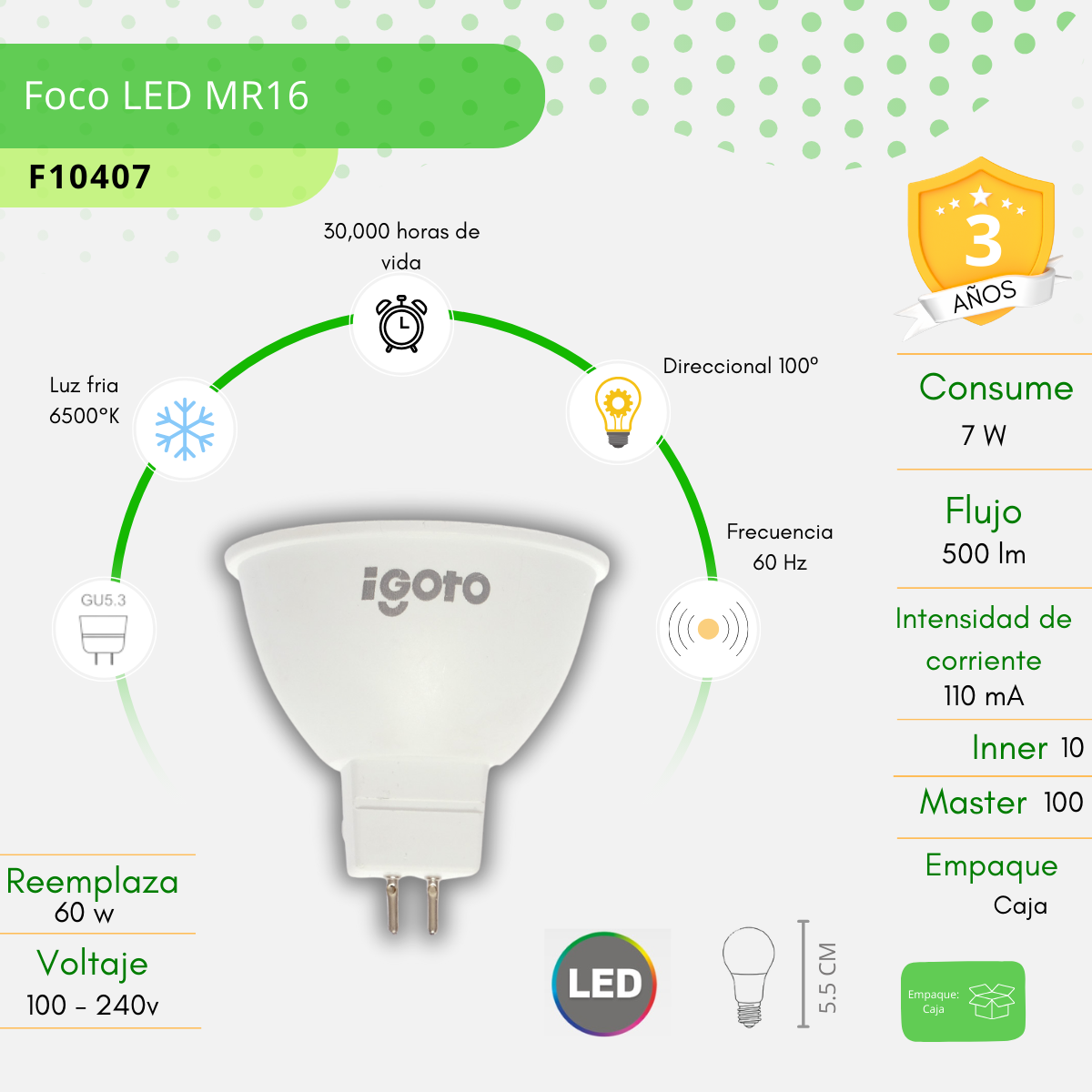 Foco Led, Dicroica Mr16, 7w Luz Fria Igoto - F10407