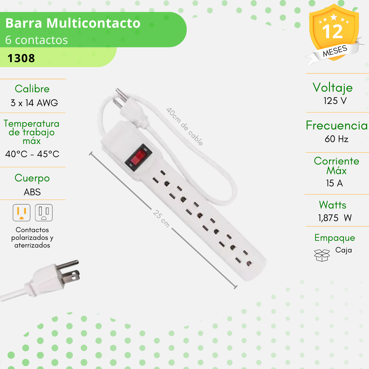 Multicontacto blanco, 6 entradas con luz indicadora - 1308