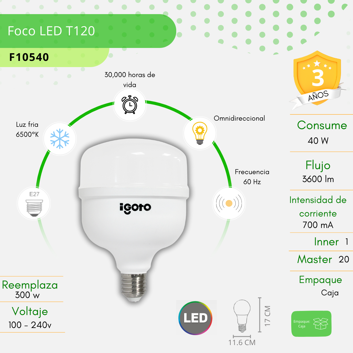 Foco Led Alta Potencia T120 40w (luz Fria) Igoto -F10540