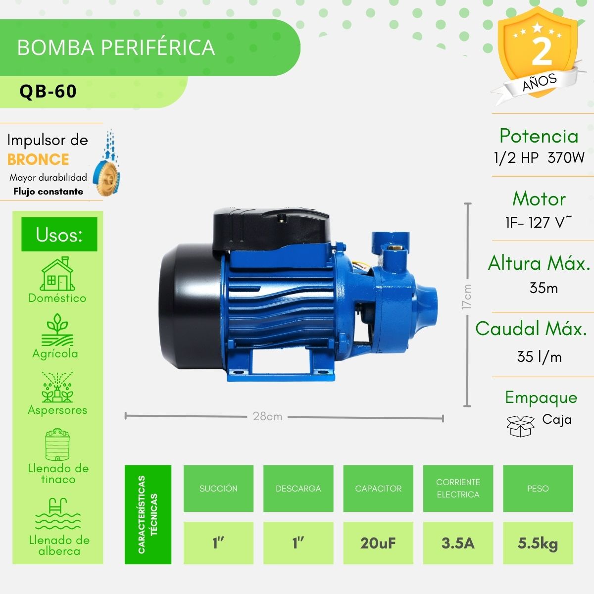 Bomba Periférica 1/2 Hp 127 V, 370w Igoto Qb-60