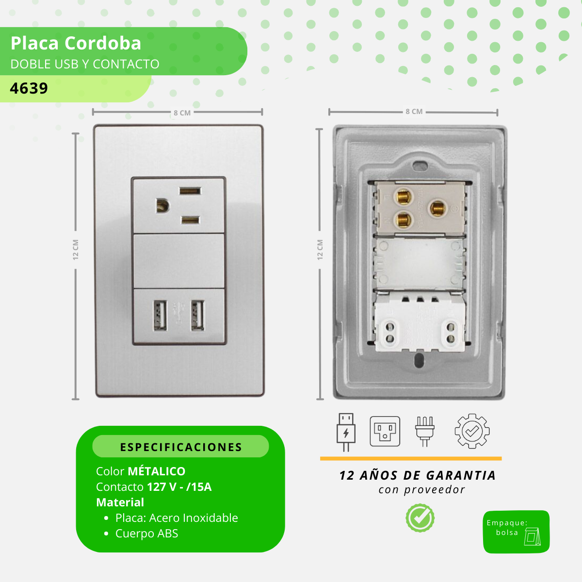 Placa Cordoba doble USB y contacto - 4639