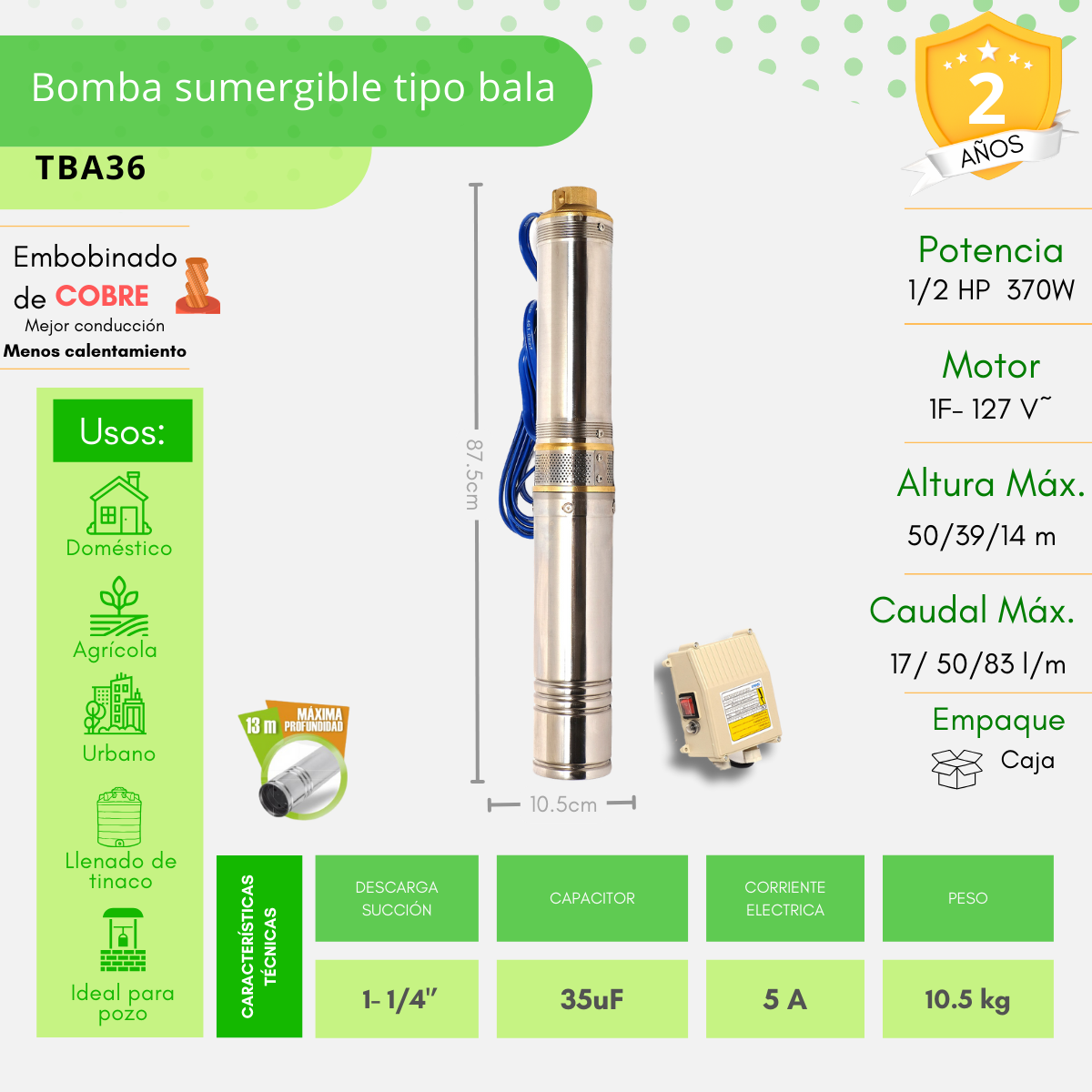 Bomba De Agua Sumergible Igoto Tipo Bala 1/2 Hp 370w Tba36