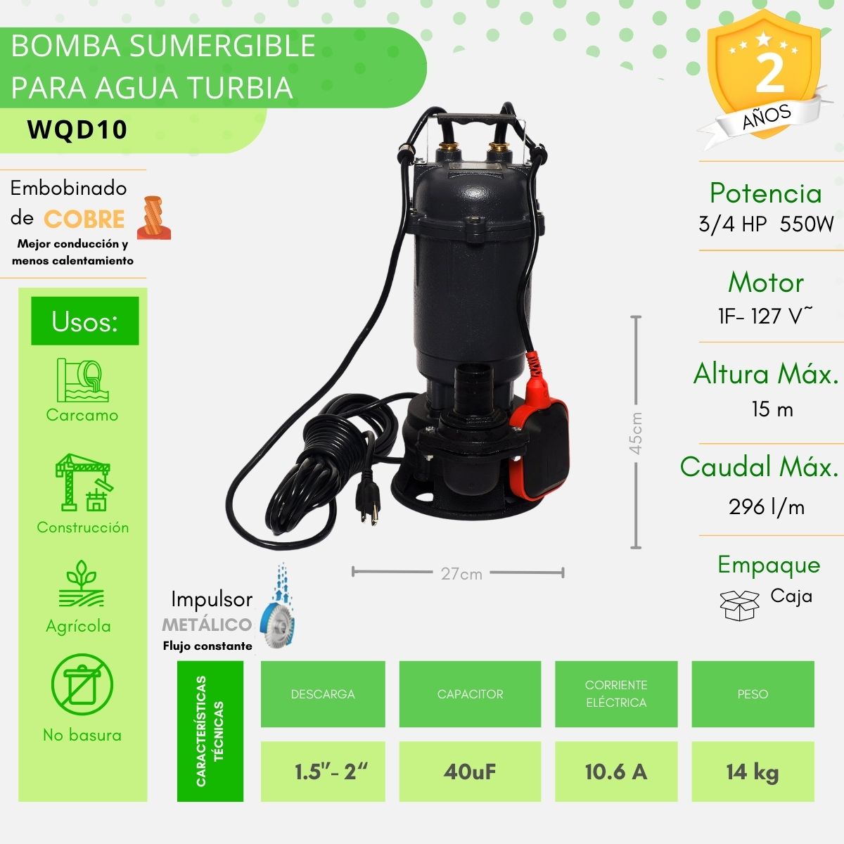 Bomba Sumergible Agua Turbia 3/4 Hp Igoto - WQD10