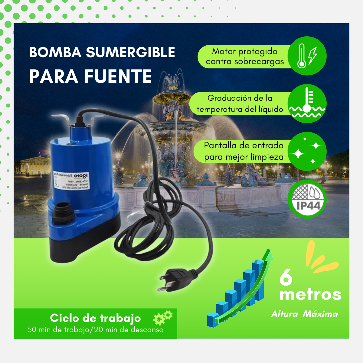 Bomba De Agua Sumergible Para Fuente 1/6 Hp Igoto Bf195