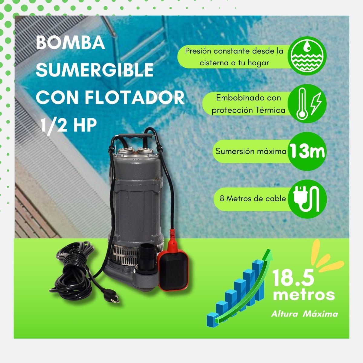 BOMBA SUMERGIBLE ½ HP 127V CON FLOTADOR - QDX1.5-17-0.37F