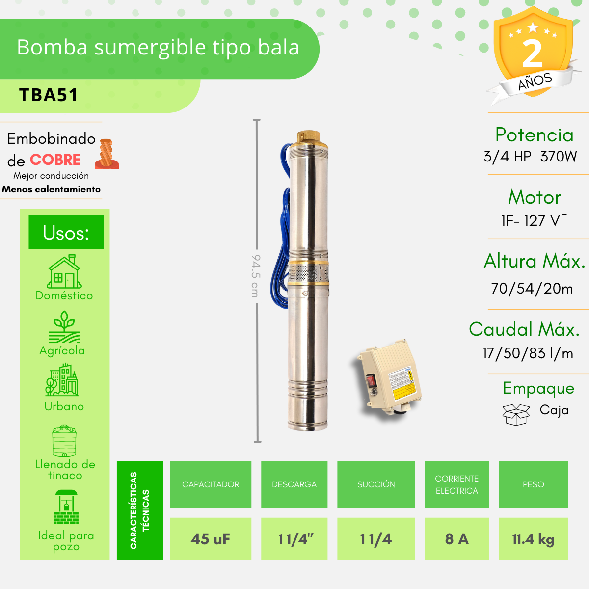 Bomba 1/2hp De Agua Sumergible Tipo Bala 370w 127v Igoto - TBA51