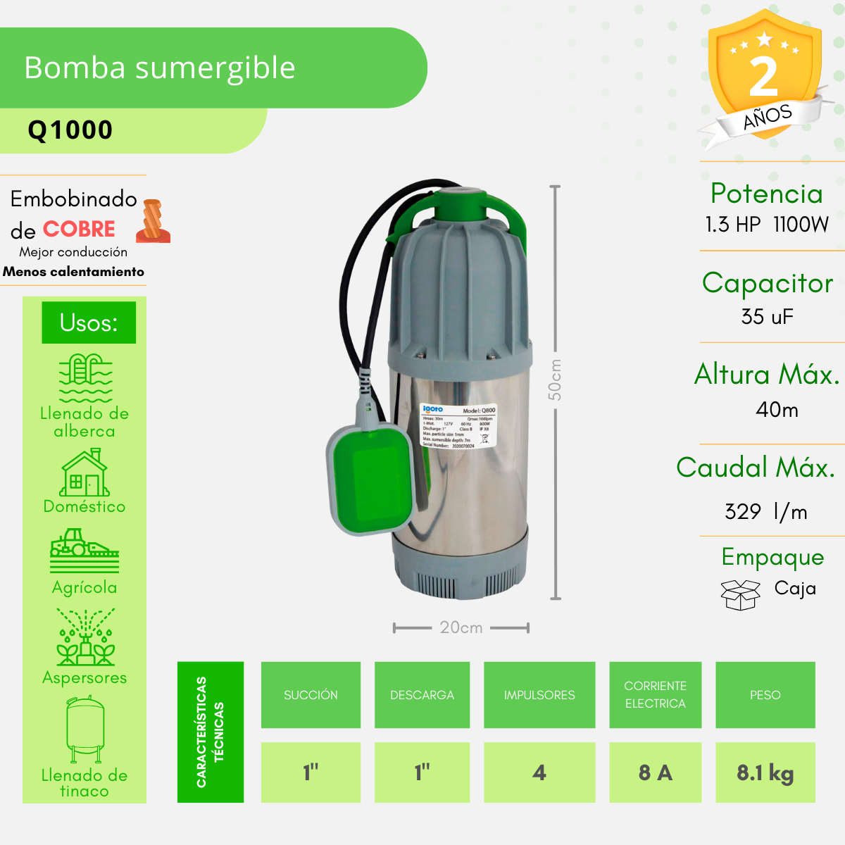 Bomba Sumergible 1 1/3hp Acero Inoxidable Cn/flotador Igoto