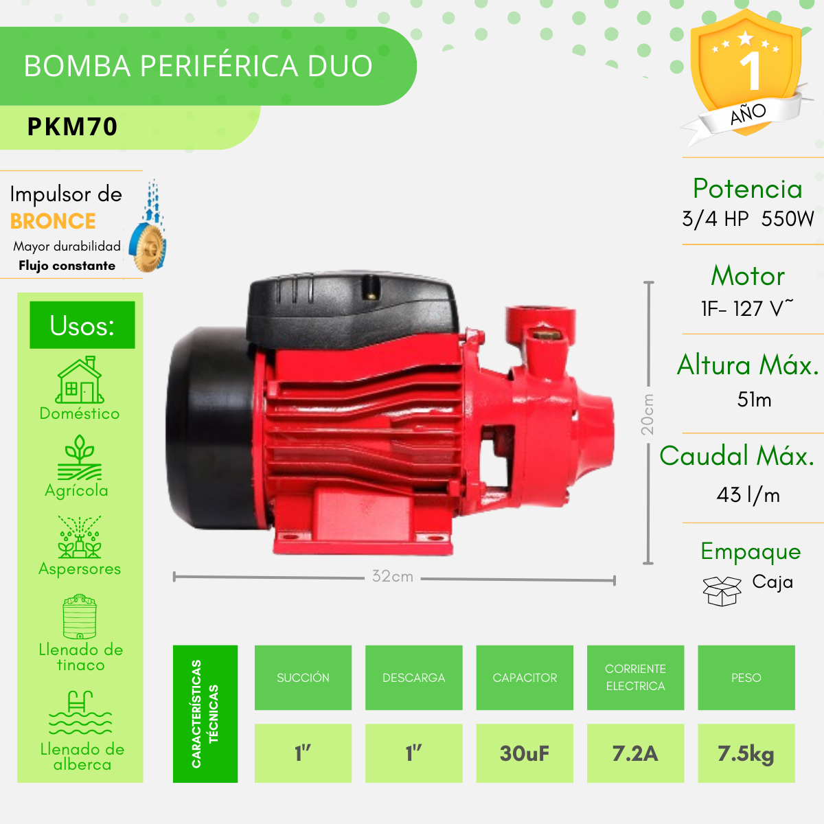 Bomba De Agua Periférica Duo 3/4hp 550w Igoto  0.75hp - PKM70