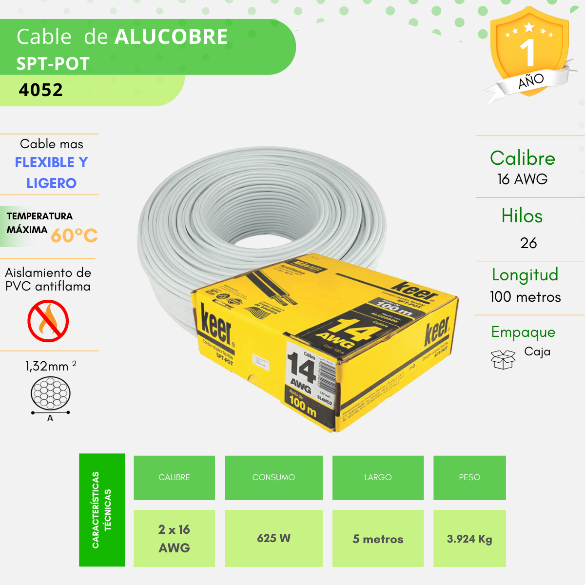 Cable POT calibre 16 color blanco - 4052