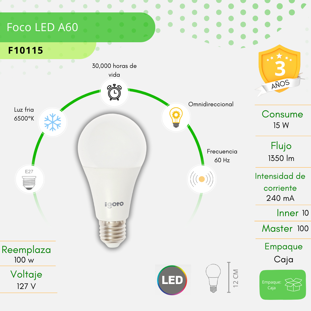 Foco Led 15w Luz Fría E27 Igoto - F10115