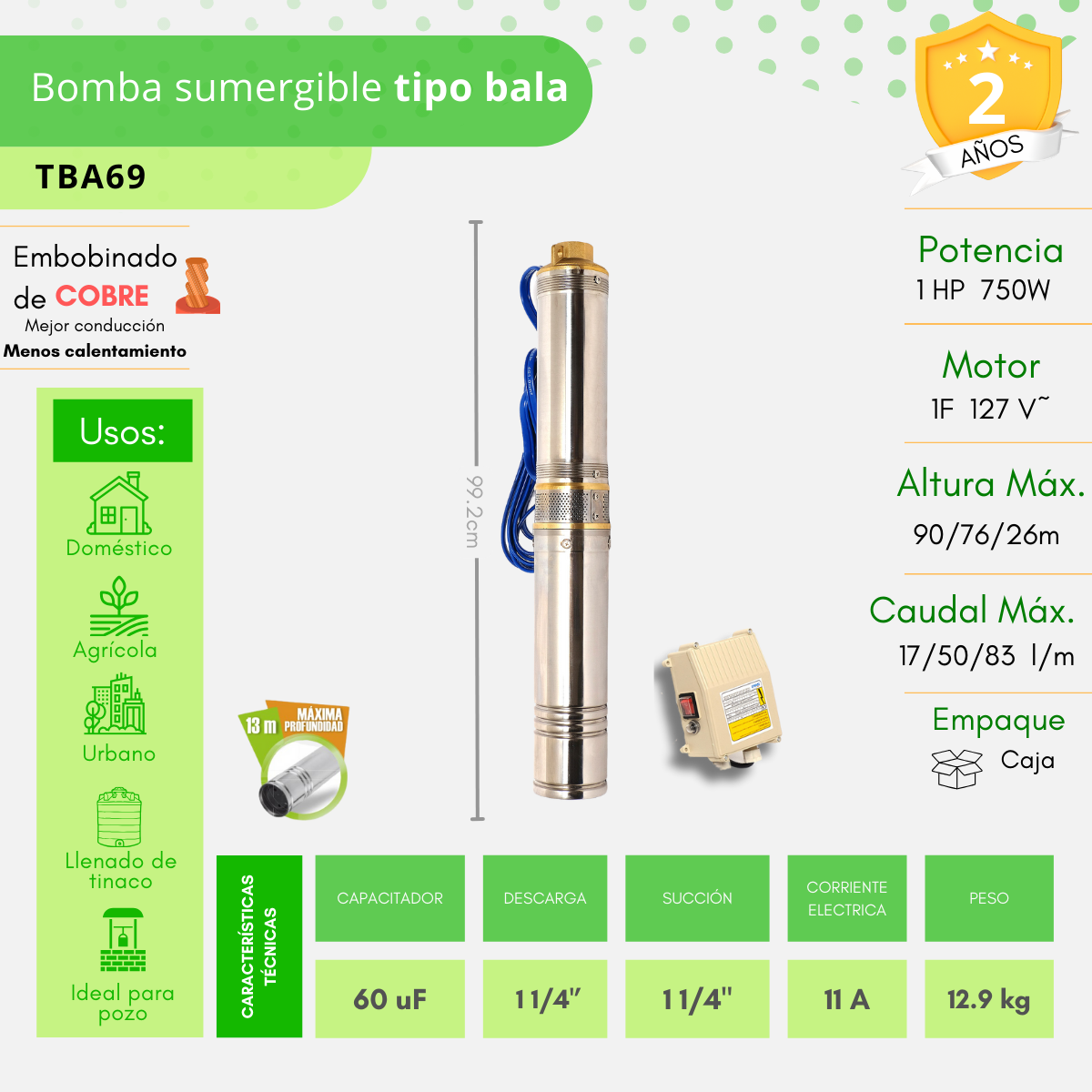 Bomba De Agua Sumergible Tipo Bala 1 Hp 750 Igoto Tba69