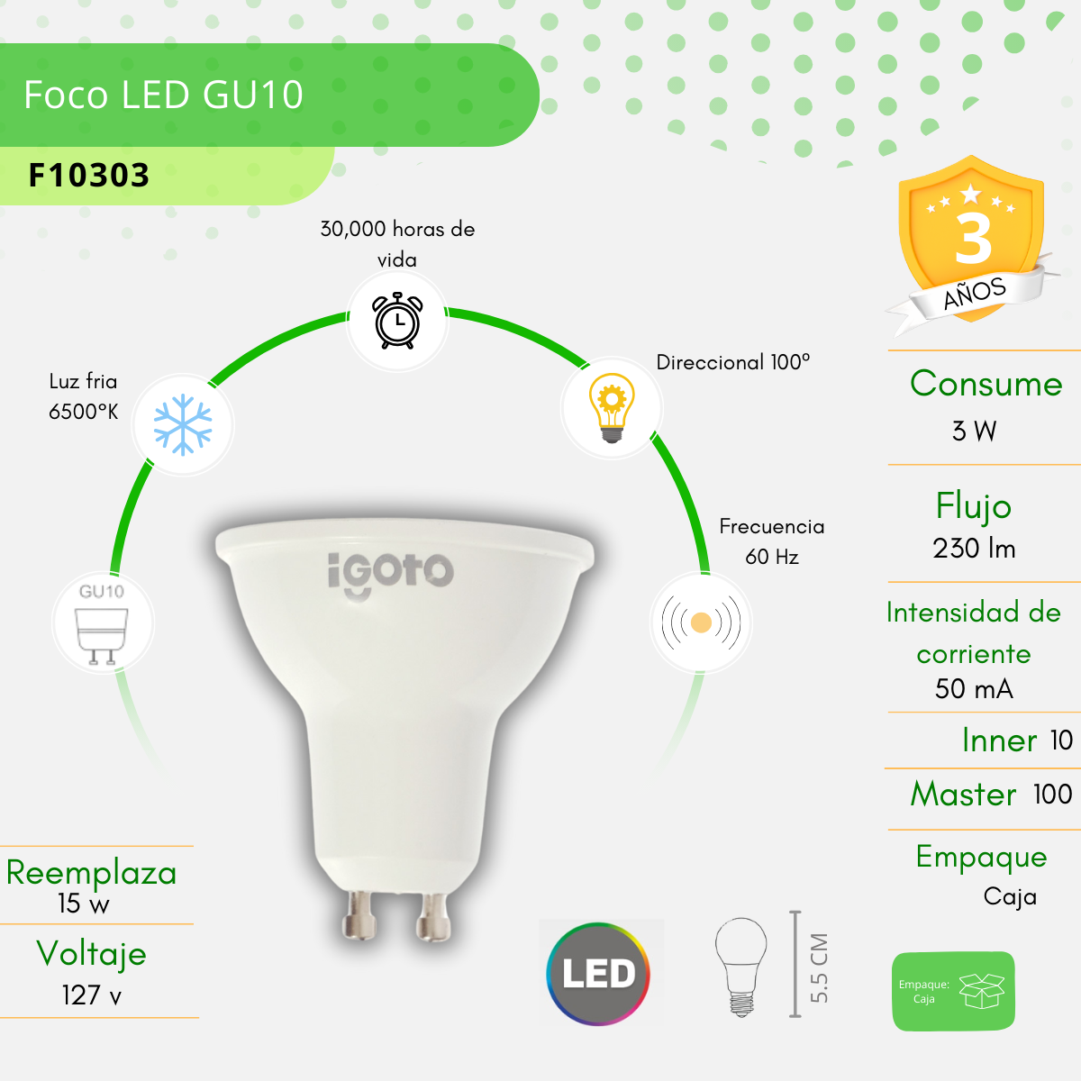 Foco Led, Dicroico Gu10, 3w Luz Fría - F10303