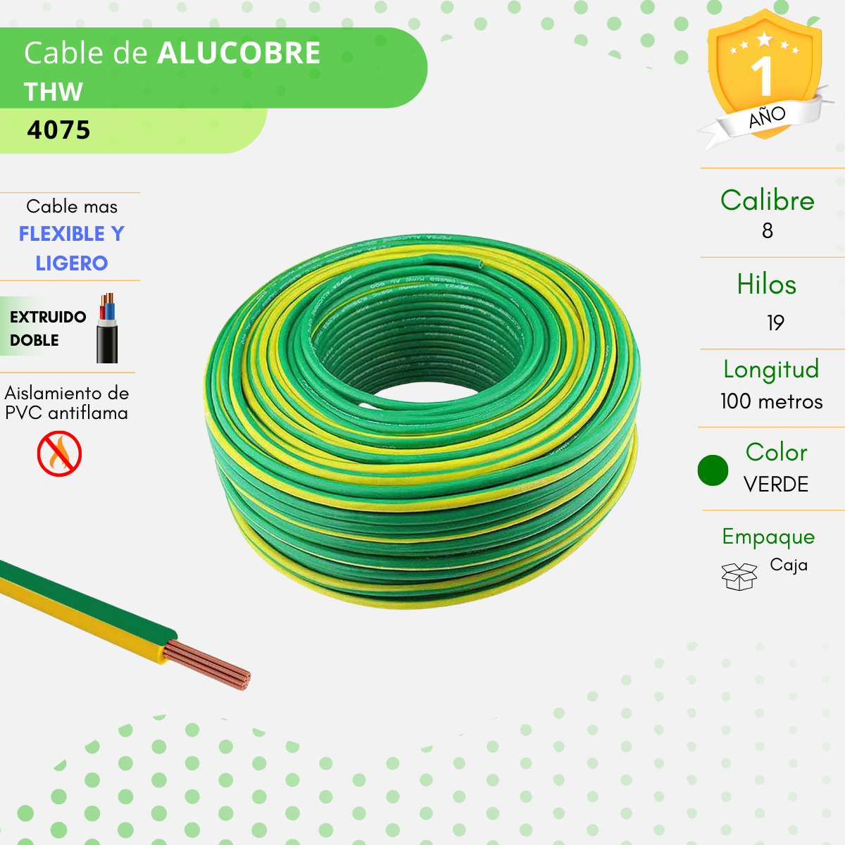 Cable THW calibre 8 color verde 100 metros - 4075