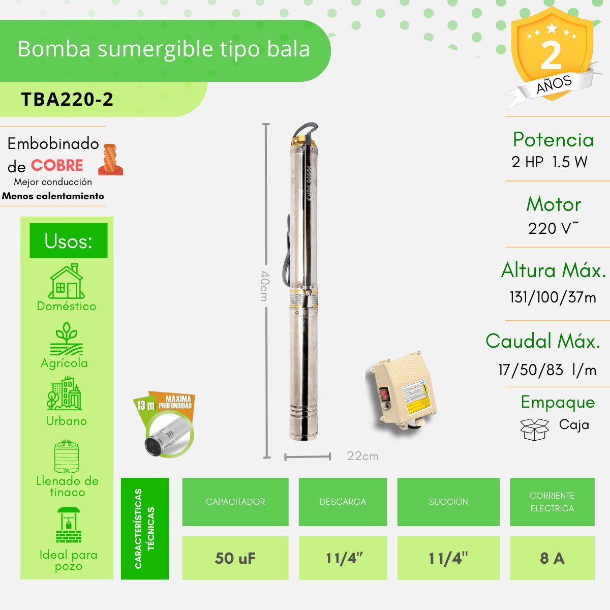 Bomba De Agua Sumergible Tipo Bala 2hp Igoto Tba220-2