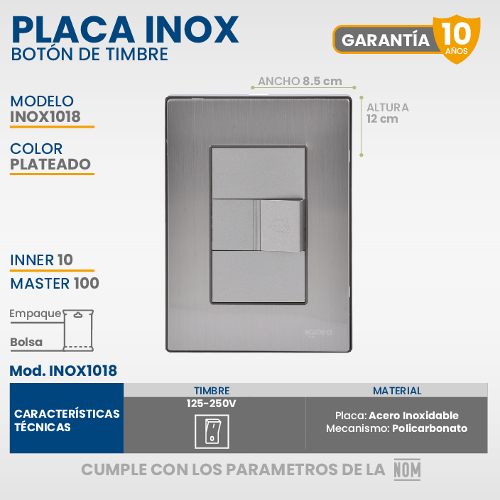 Placa Botón Timbre, Acero Inoxidable, Plata/oxford Igoto