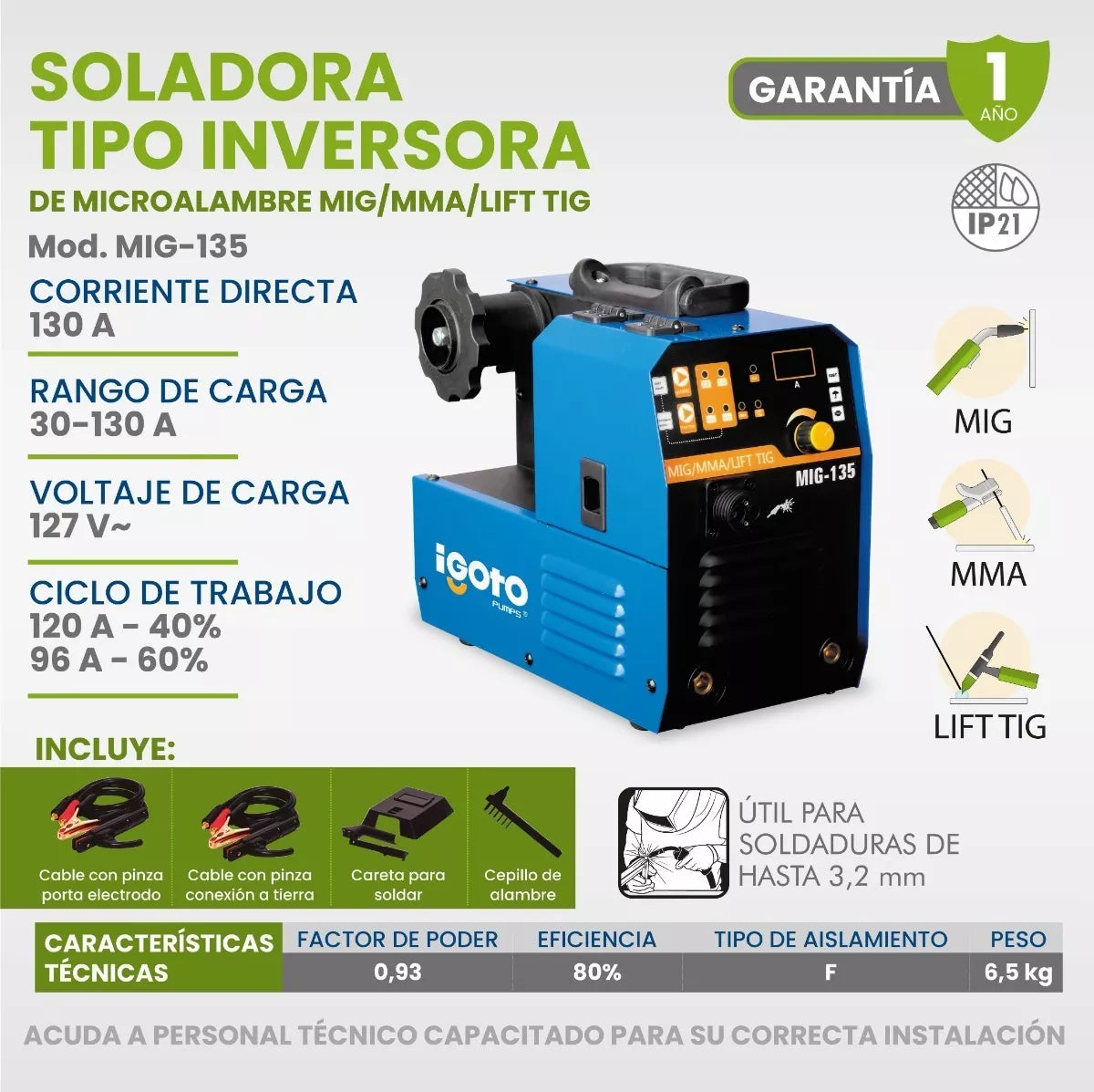 Soldadora Tipo Inversora Microalambre Igoto Mig-135