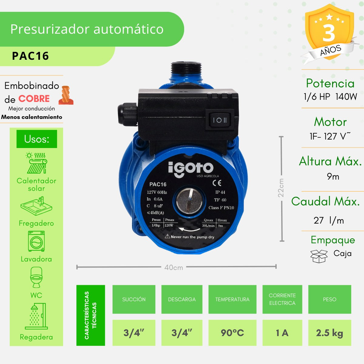 Bomba Presurizador Automatico Pac16 1/6hp Igoto