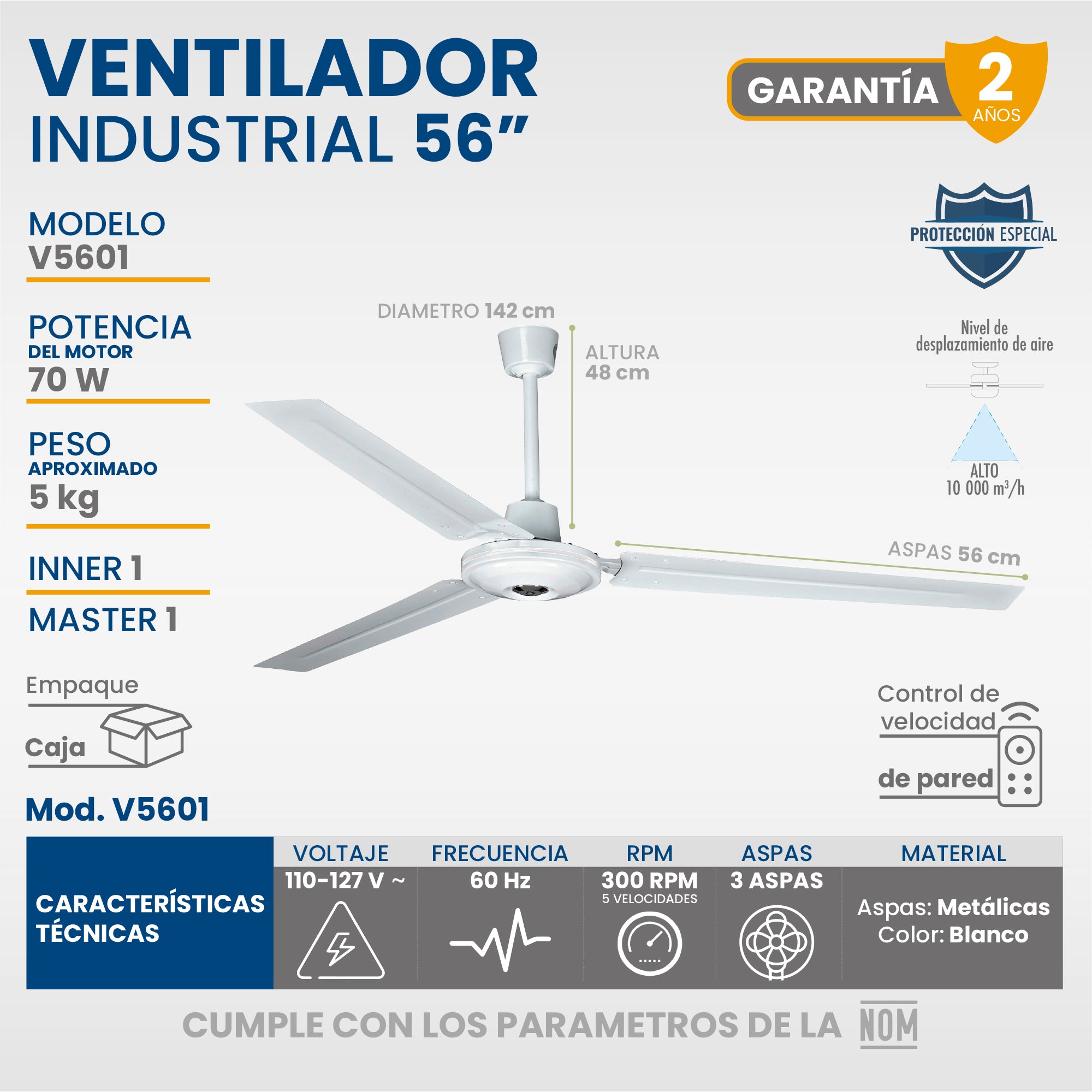 Ventilador De Techo Igoto V5601 Blanco Con 3 Aspas De  Metal, 56  De Diámetro 110 v - 127 v