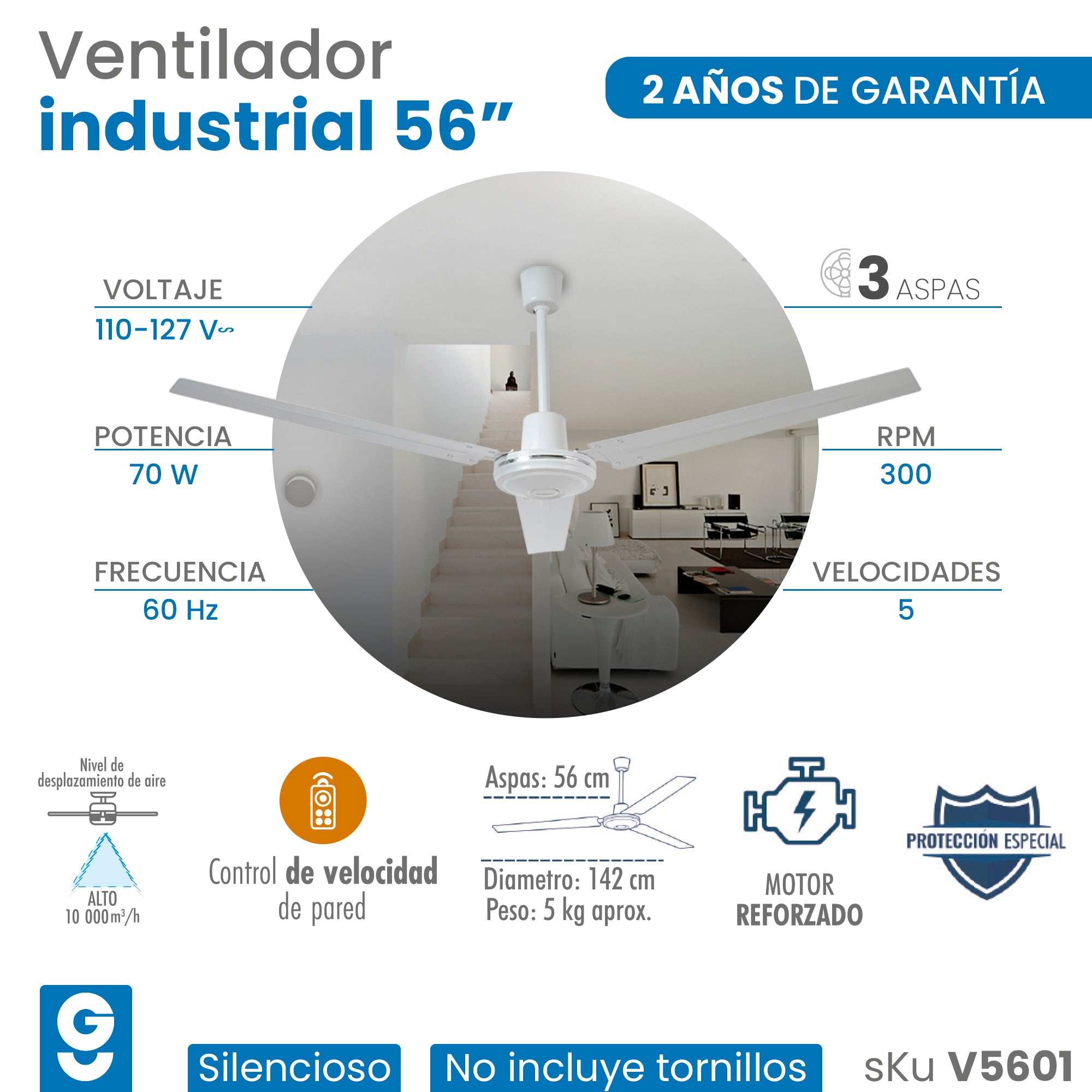 Ventilador De Techo Igoto V5601 Blanco Con 3 Aspas De  Metal, 56  De Diámetro 110 v - 127 v