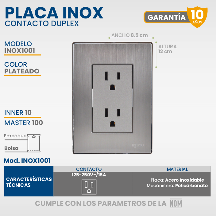 Placa Armada Inox Con Contacto Dúplex, Acero Inoxidable 1001