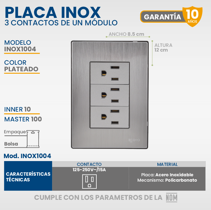 Placa De 3 Contactos SencillosInox Igoto color Plata