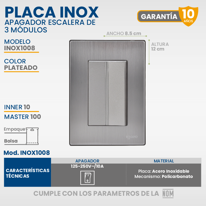 Placa 1 Apagador Escalera 3 Módulos Acero Inoxidable Igoto color Plata